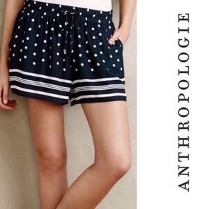 Anthropologie Elevenses Shorts Women's Large Navy Blue Cream Polka Dot Stripe